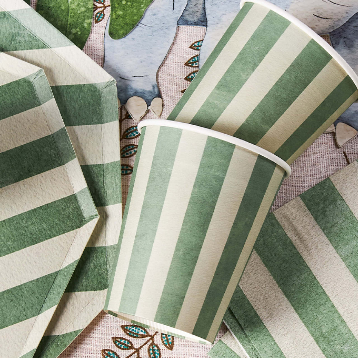 Green Beige Stripe Paper Cups – 9 oz Disposable