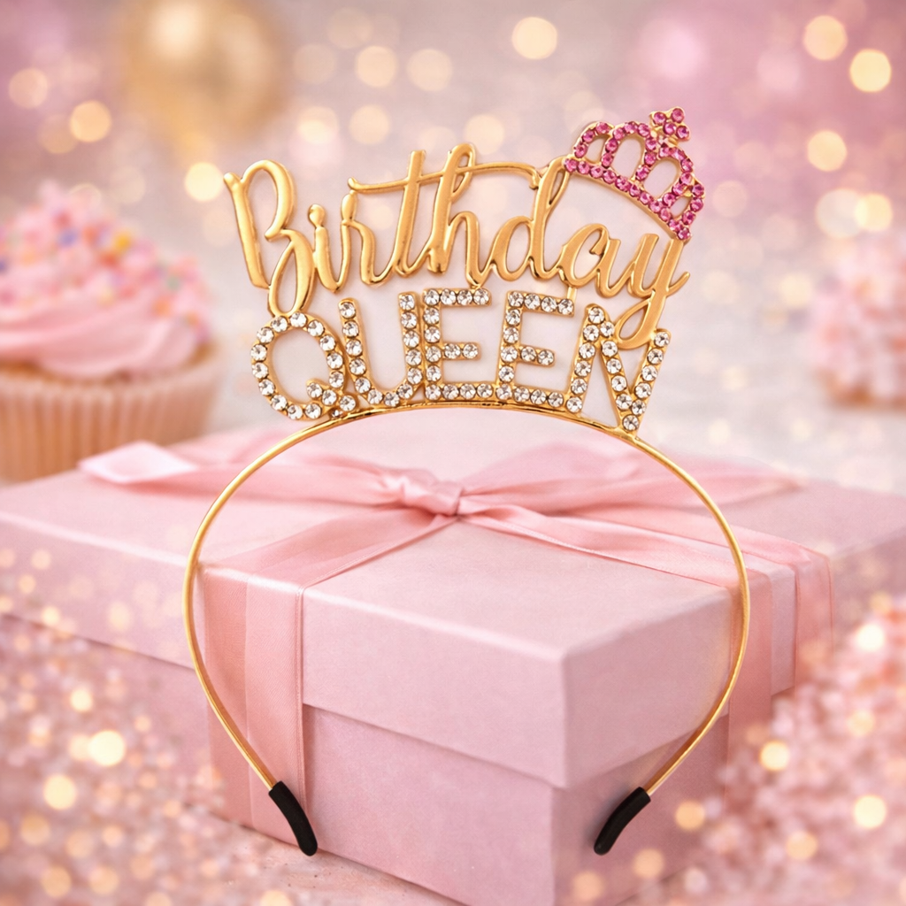 Birthday Queen Rhinestone Headband (Gold)