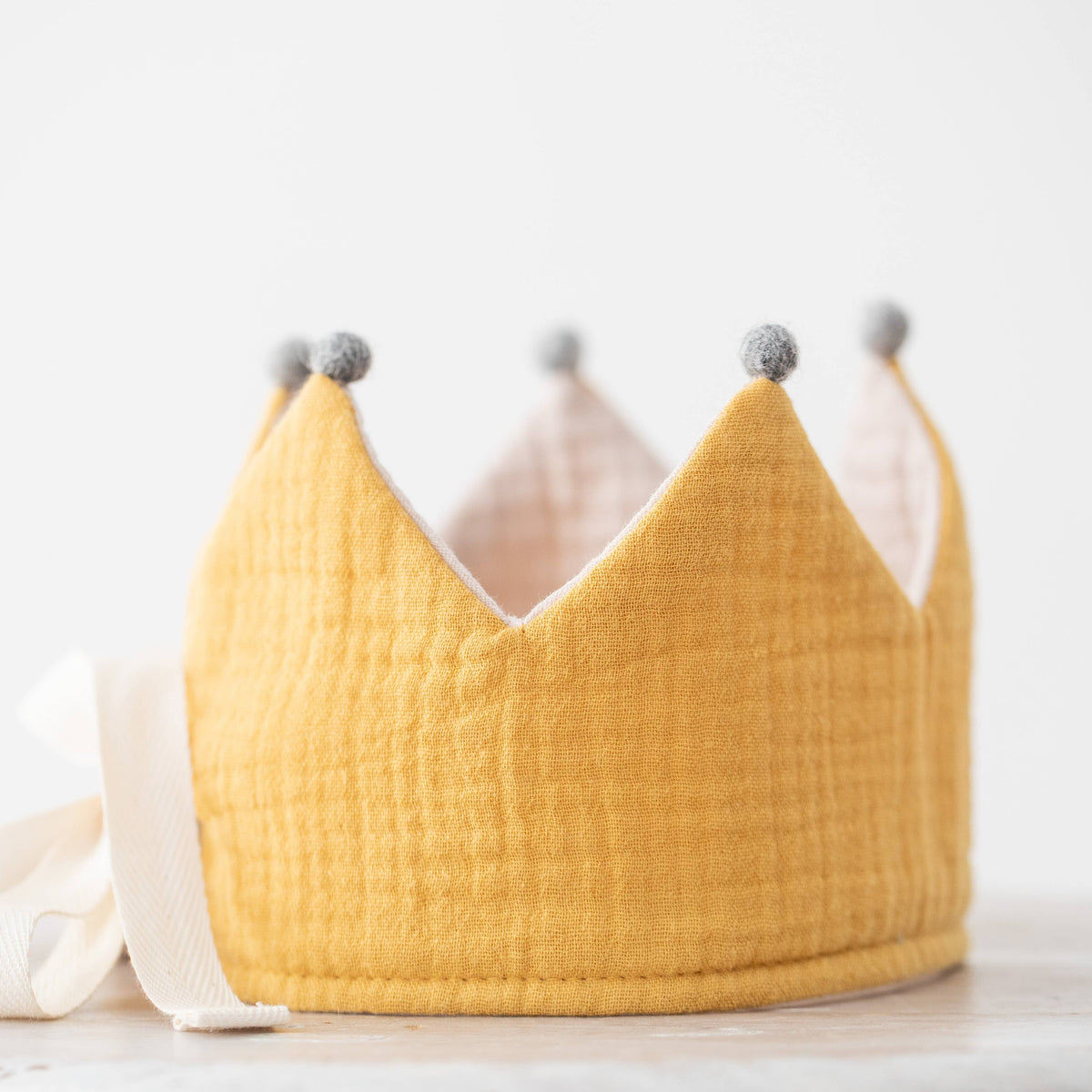 Birthday crown Sand-Mustard with pompoms