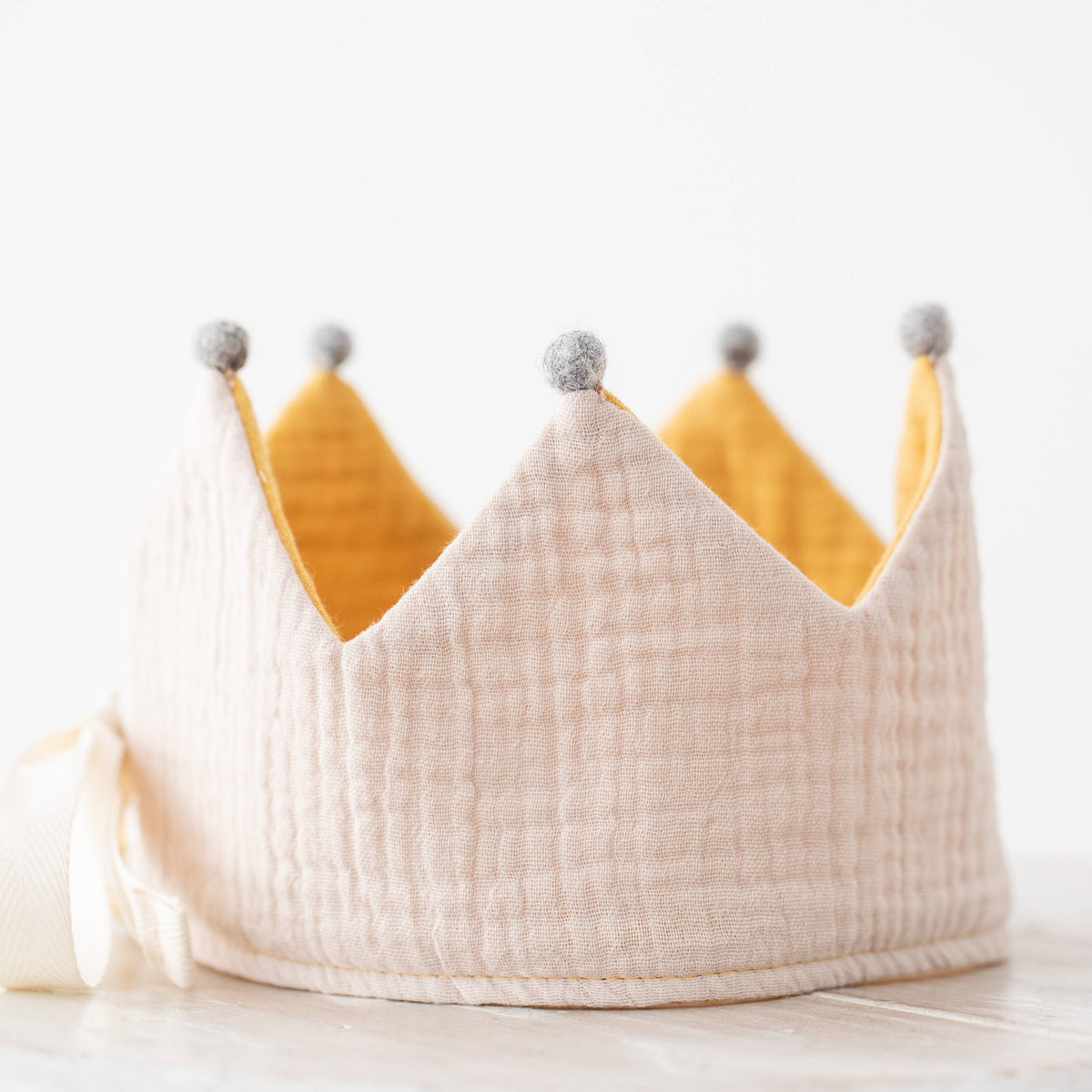 Birthday crown Sand-Mustard with pompoms