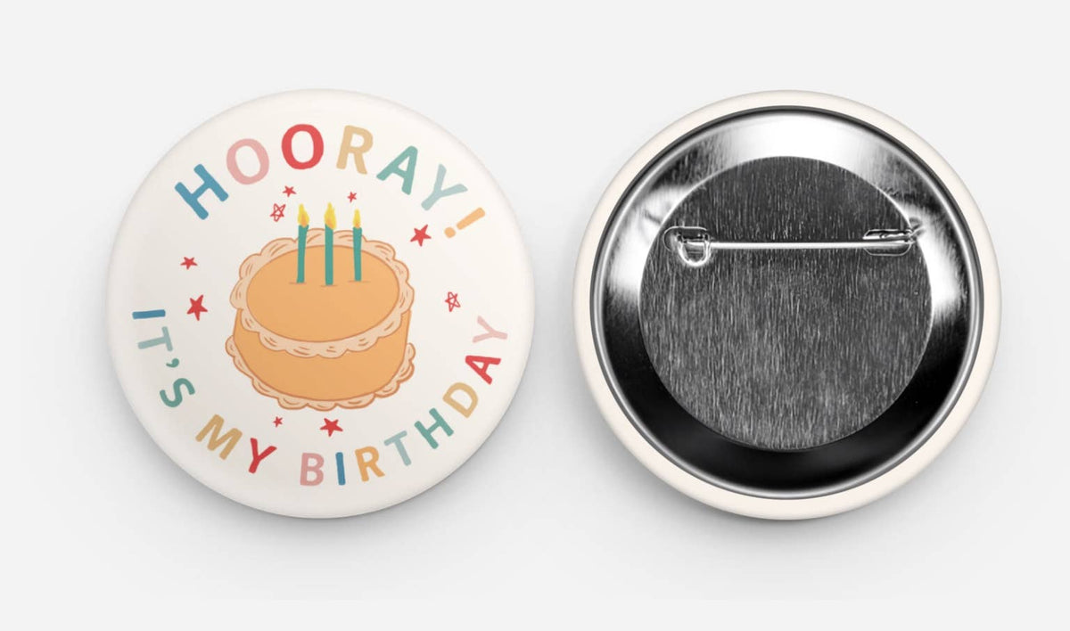 Hooray It's My Birthday Vintage Cake Button Pin Badge
