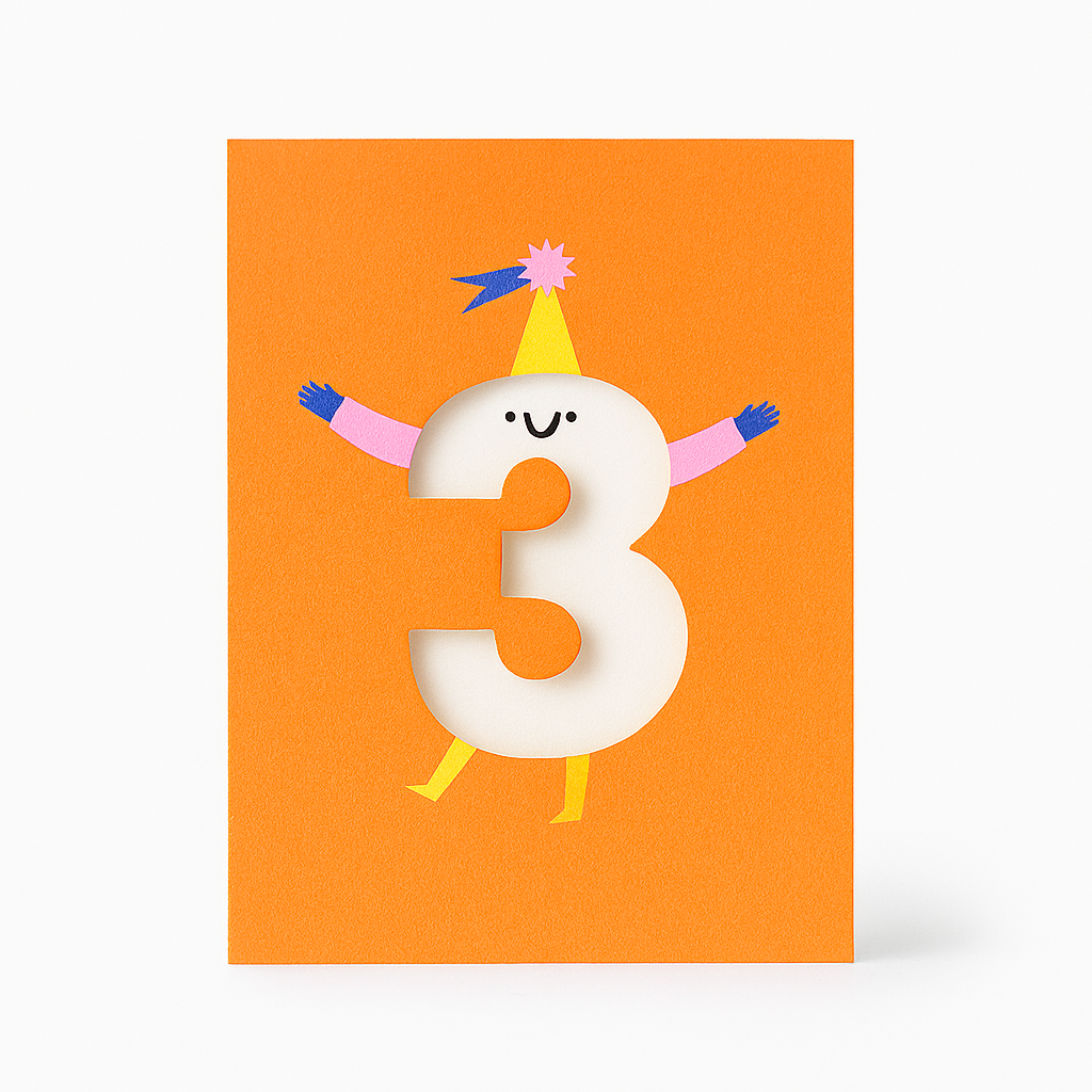 Age 3 - Die Cut - Cute Character  Fun Happy Birthday - Three