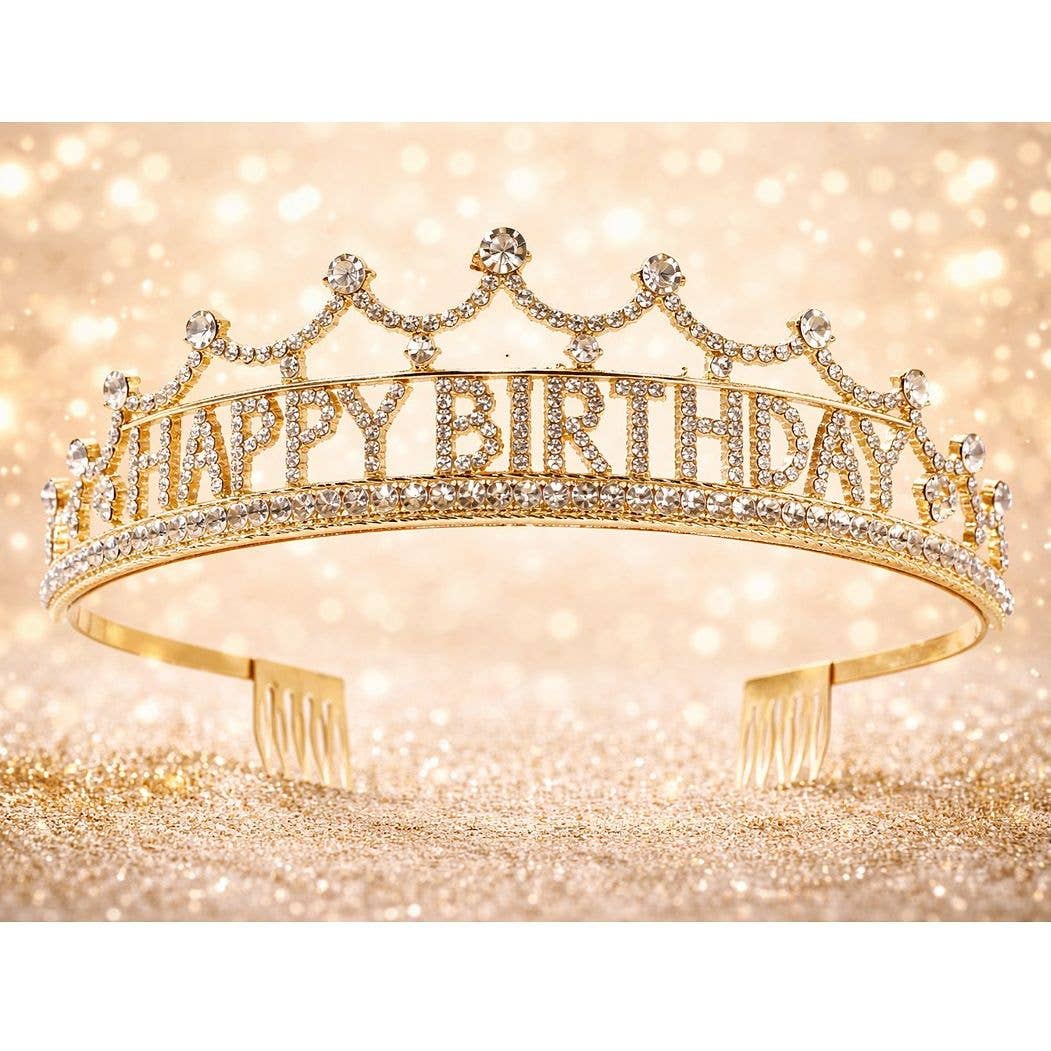Happy Birthday Rhinestone Tiara (Gold)