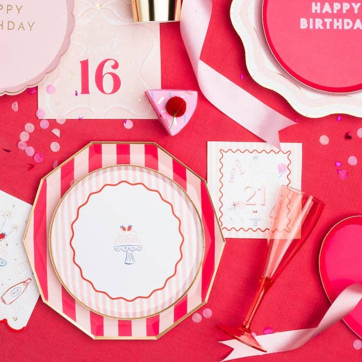 Pink Stripe Birthday Cake Dessert Plates